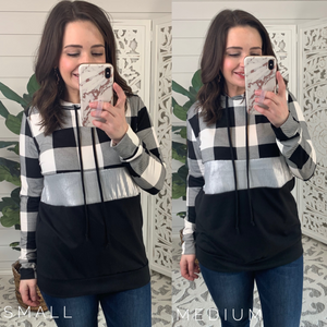 Black and White Plaid Sequin Color Block Hoodie